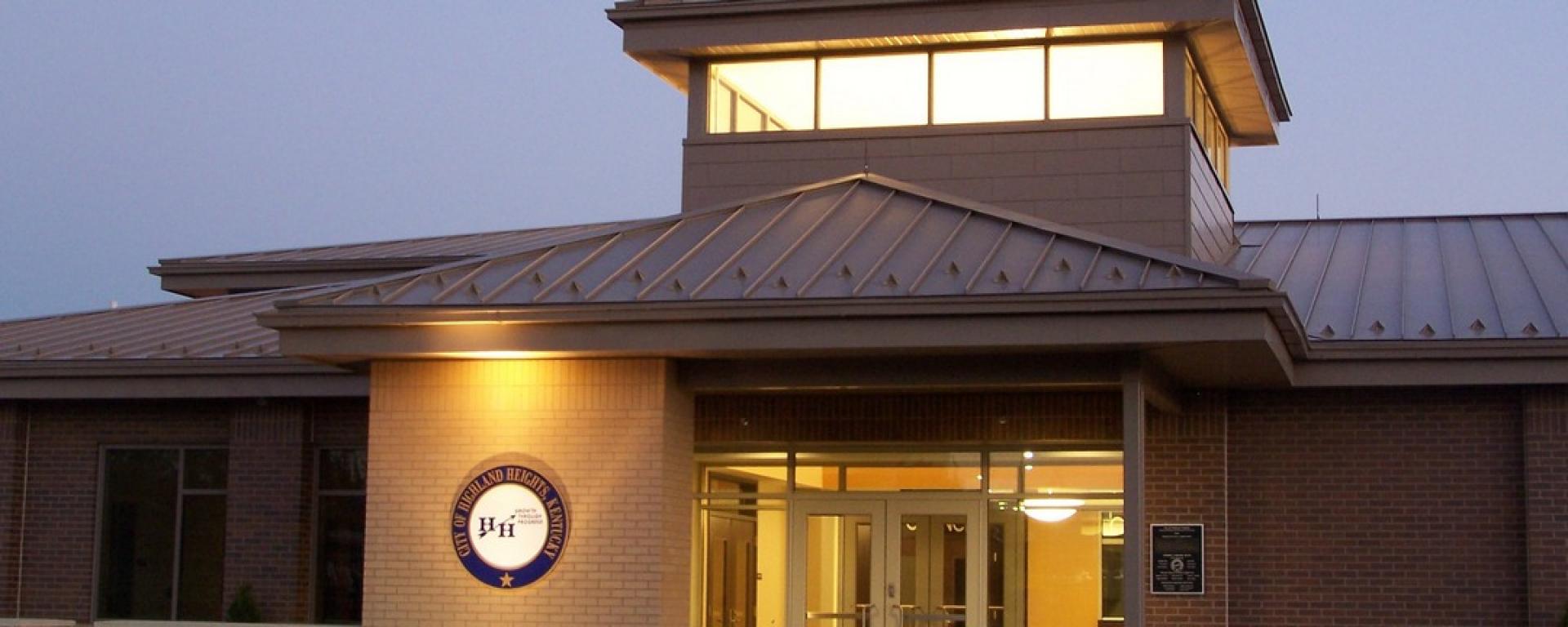 front entrance of building at night