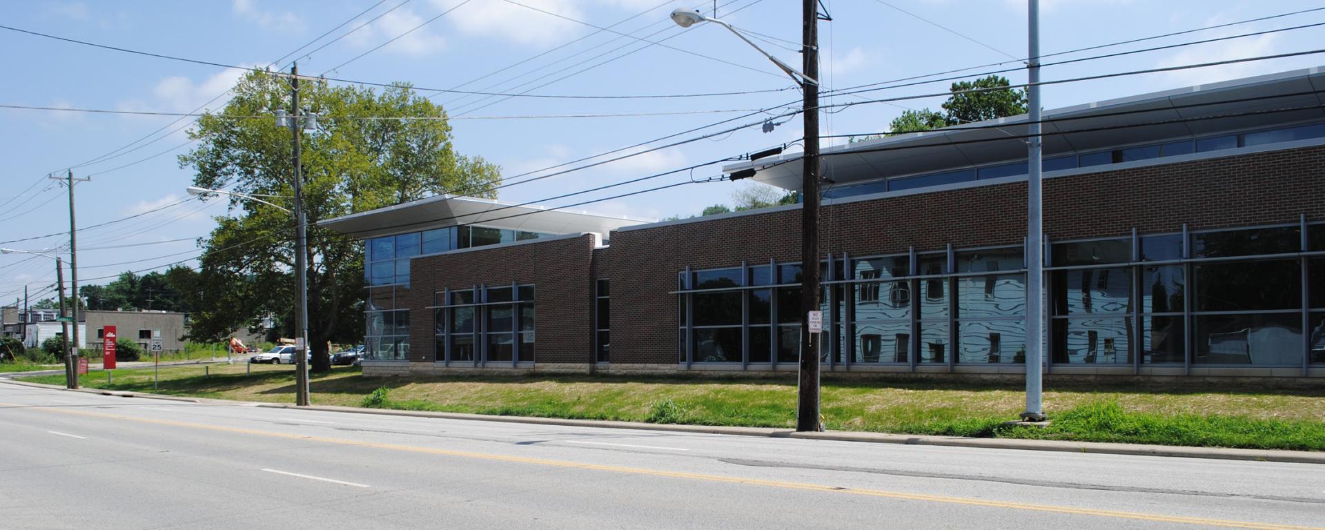 looking across the street at the brick and glass library