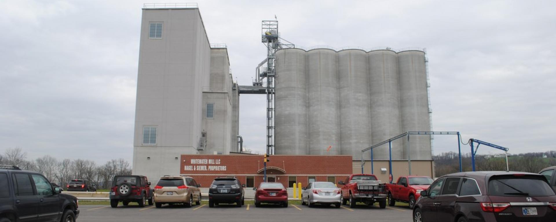 streetscape of silos and building