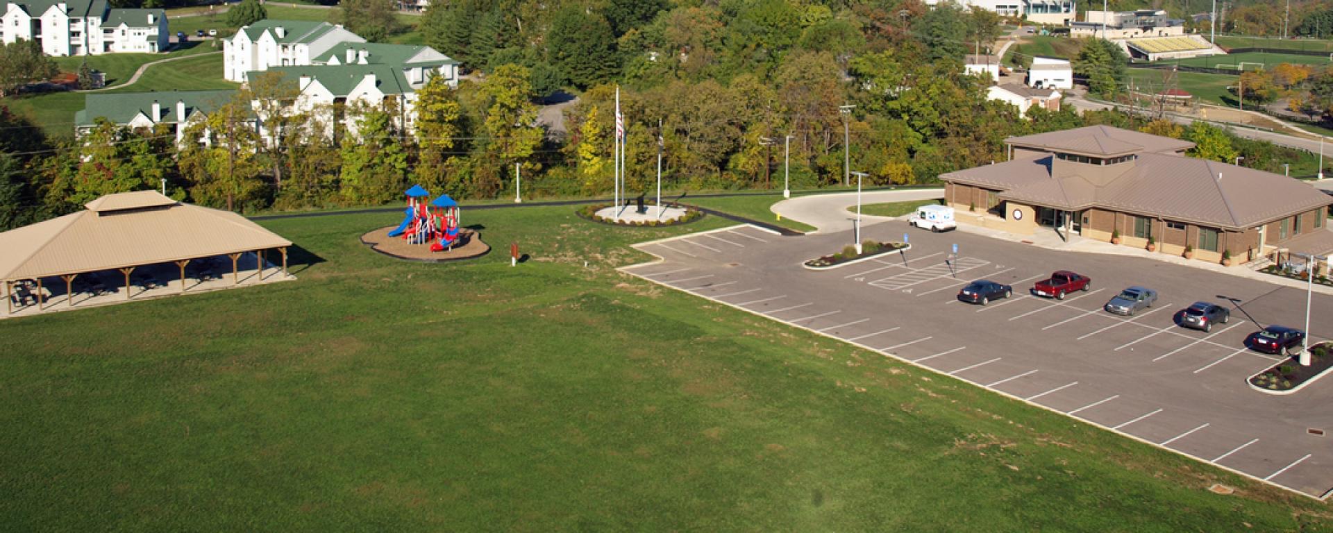 aerial view of playground and back of building