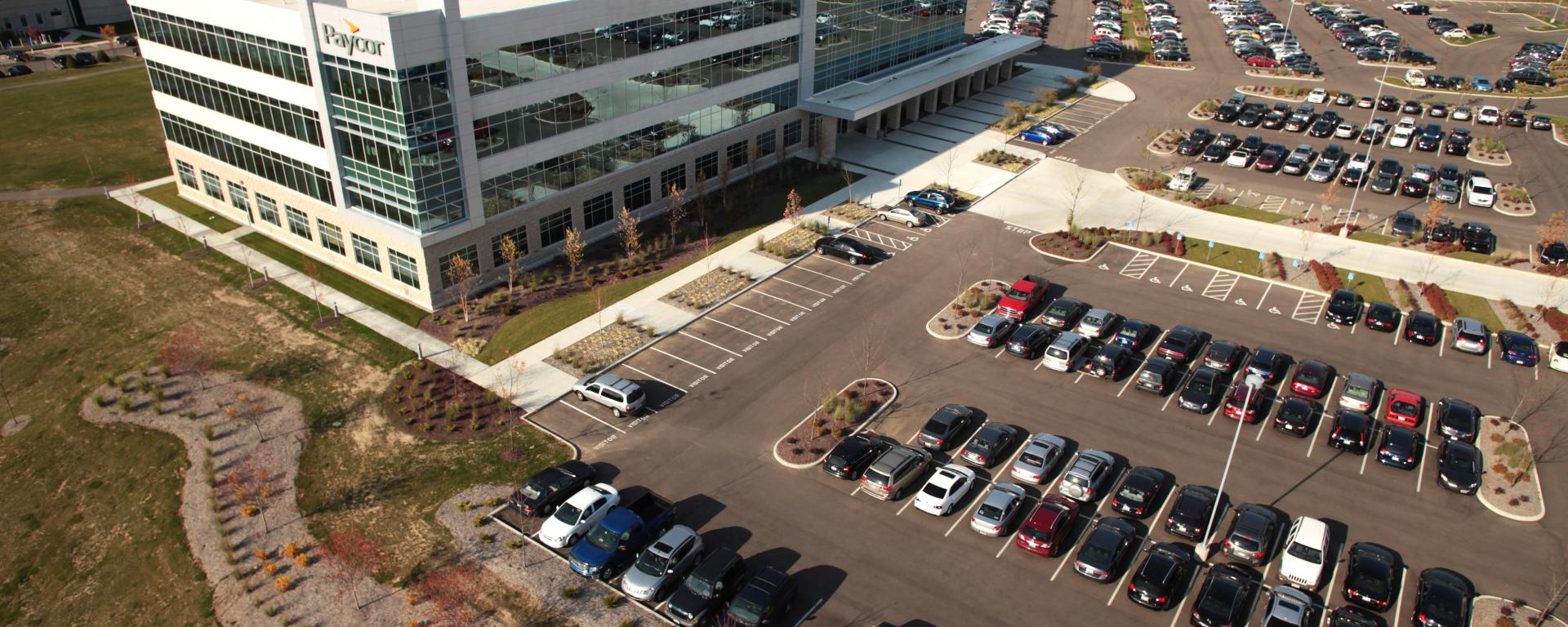 aerial of front entrance and parking lot