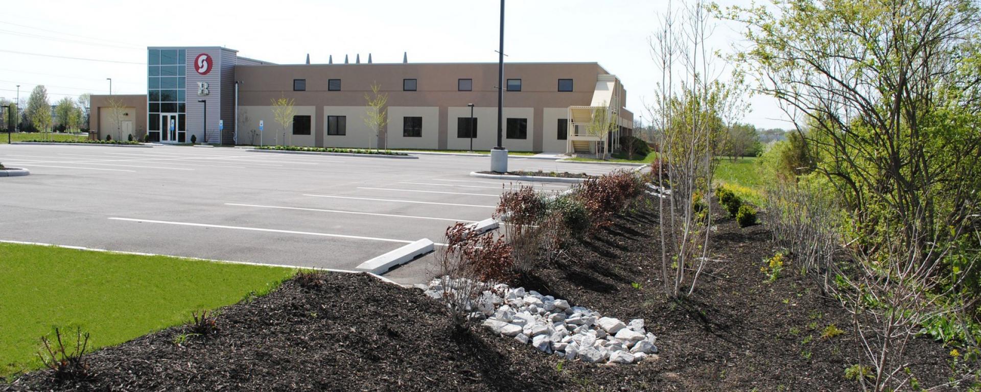 landscaping and side profile of building