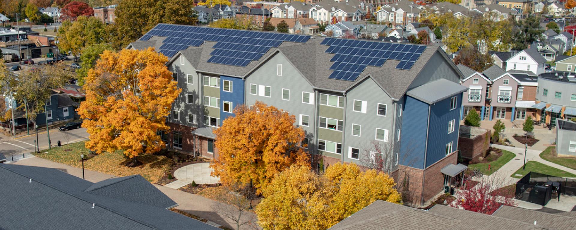 aerial image of student housing during fall