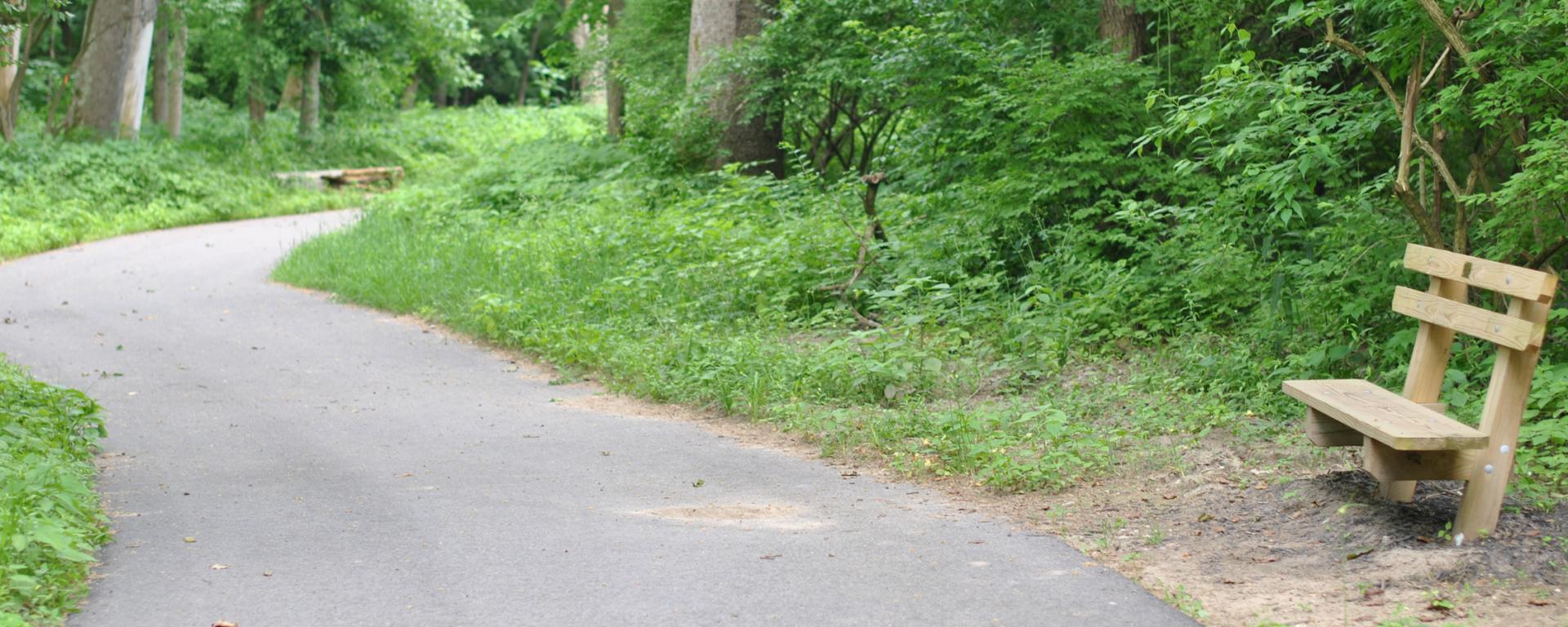 wood bench by park trail