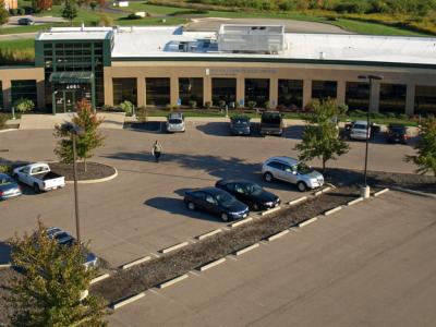 aerial of front profile and parking lot