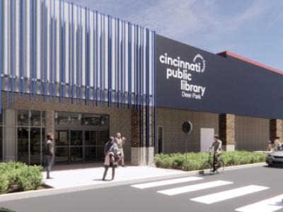 graphic rendering of crosswalk in front of a library