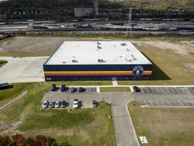 aerial of building and parking lot