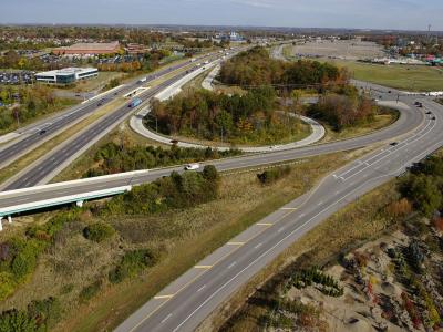 aerial photo of interstate exit ramp